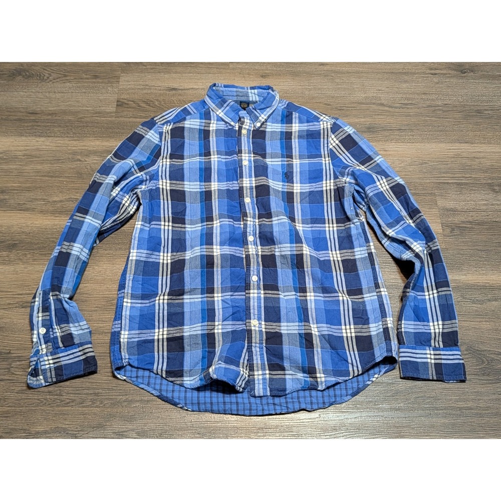 Polo Ralph Lauren Boys XL 18-20 Blue Plaid‎ Button Down Shirt Long Sleeve Cotton